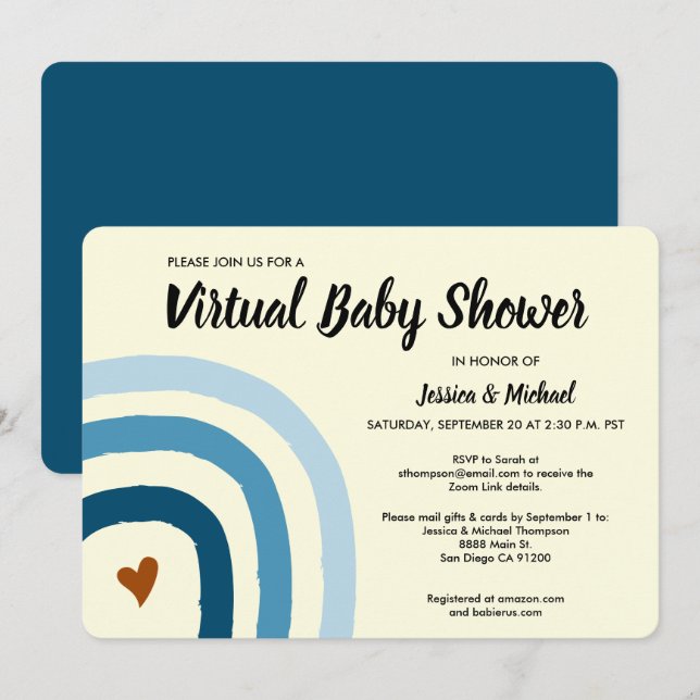 Invitation Baby shower virtuel moderne Blue Rainbo (Devant / Derrière)