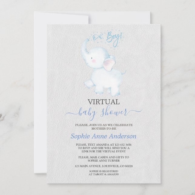 Invitation Baby shower virtuel moderne Elephant par courrier (Devant)