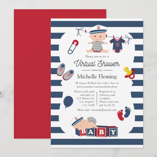 Invitation Baby shower virtuel Nautical Boy (Devant / Derrière)