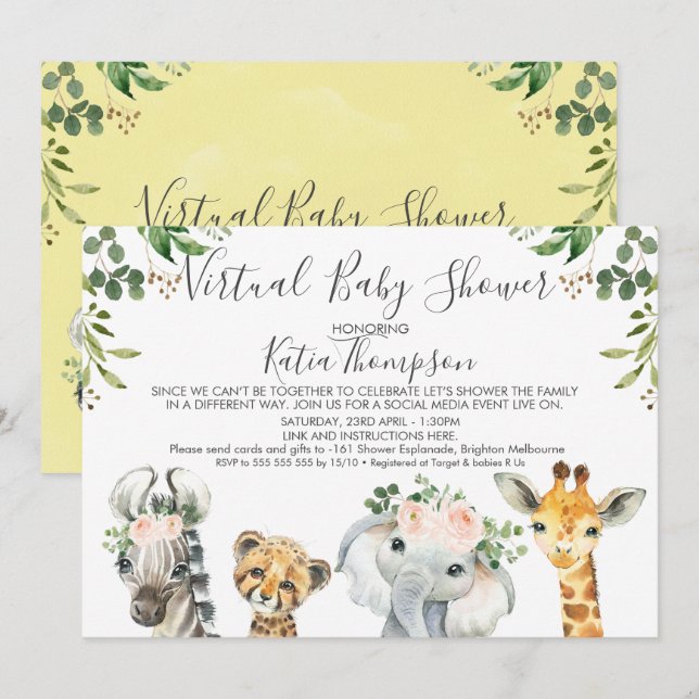 Invitation Baby shower virtuel Neutre Safari Animals  (Devant / Derrière)