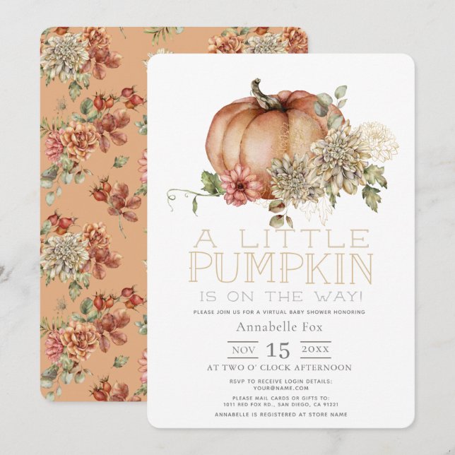 Invitation Baby shower virtuel Orange Citrouille & White Dahl (Devant / Derrière)