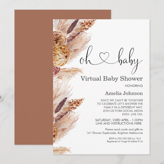 Invitation Baby shower virtuel Pampas Grass Boho (Devant / Derrière)