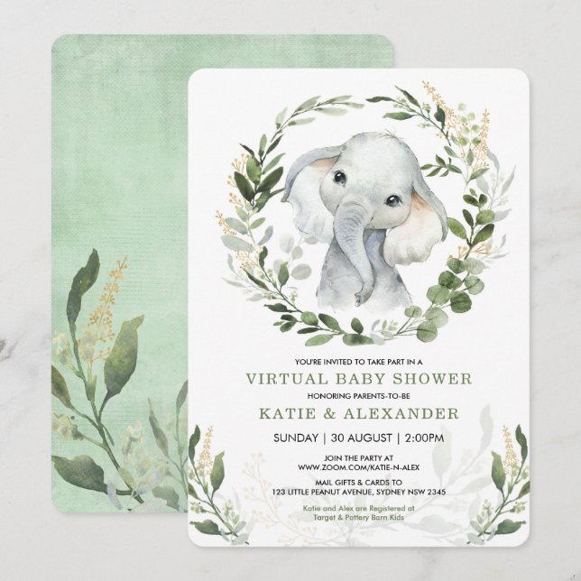 Invitation Baby shower virtuel par courrier | Elephant vert (Devant / Derrière)