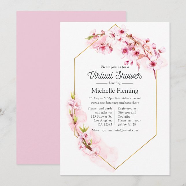 Invitation Baby shower virtuel Ressort floral rose géométriqu (Devant / Derrière)