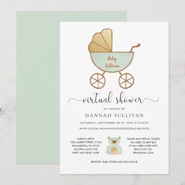 Invitation Baby shower virtuel | Retro Carriage Green Gold (Devant / Derrière)