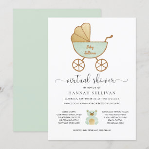 Invitation Baby shower virtuel   Retro Carriage Green Gold