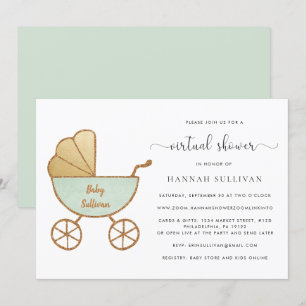 Invitation Baby shower virtuel Retro Carriage Watercolor Mint