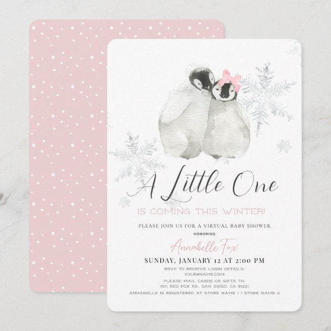 Invitation Baby shower virtuel rose Pingouin Winter Snowflake (Devant / Derrière)