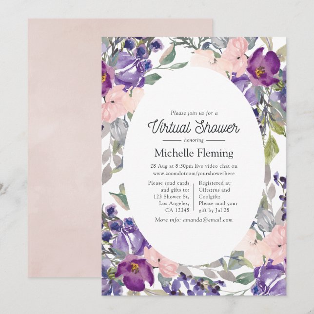 Invitation Baby shower virtuel rose, violet et prune (Devant / Derrière)