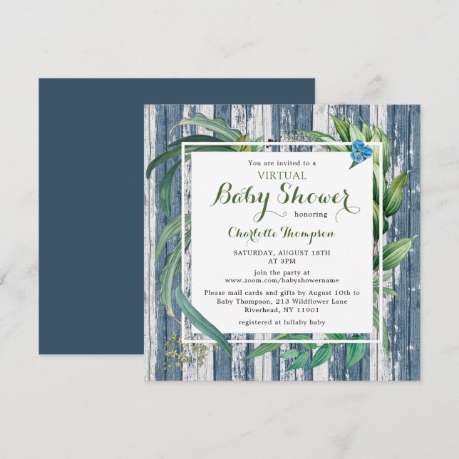 Invitation Baby shower virtuel rustique Aquarelle Vert Floral (Devant / Derrière)