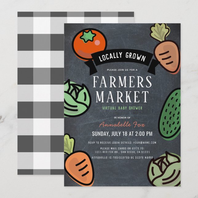 Invitation Baby Shower Virtuel sur le thème du Marché de Prod (Devant / Derrière)