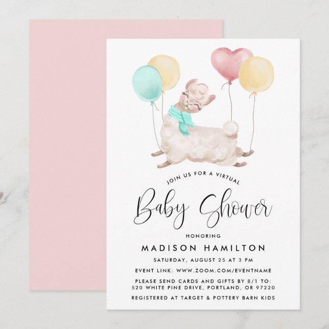 Invitation Baby shower virtuel Sweet Llama (Devant / Derrière)
