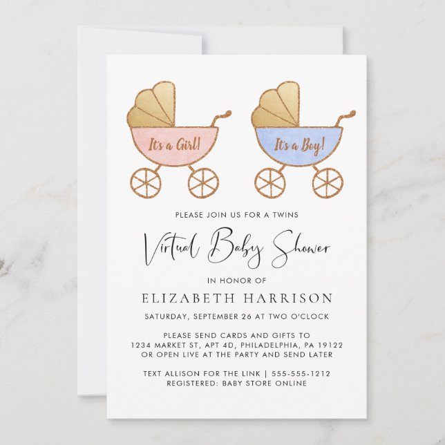 Invitation Baby shower virtuel Twin Girl Boy Watercolor (Devant)