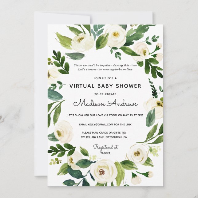 Invitation Baby shower virtuel vert et blanc Floral (Devant)