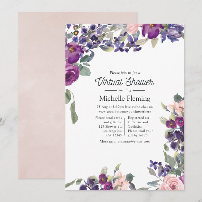 Invitation Baby shower virtuel Violet, Plum et Blush (Devant / Derrière)