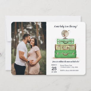 Invitation Baby shower Voyage Vert Watercolor valise