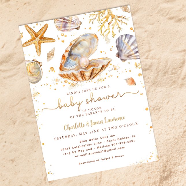 Invitation Baby shower Watercolor Ocean Little Pearl (Golden Summer Baby Shower)