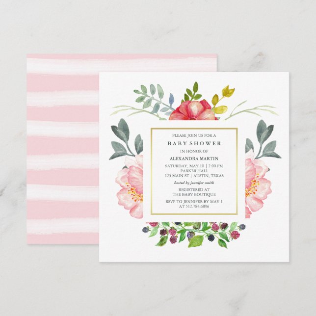 Invitation Baby shower Watercolor Peonies (Devant / Derrière)
