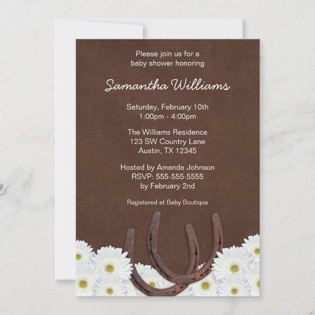 Invitation Baby shower Western Horseshoe et Daisies (Devant)