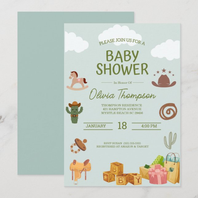 Invitation Baby shower Western Theme Boys (Devant / Derrière)