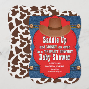Invitation Baby shower Western Triplet Cowboys