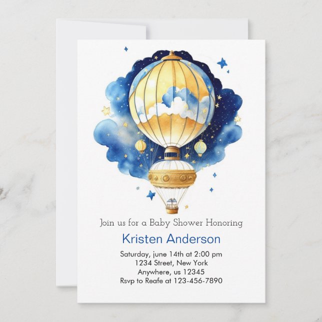Invitation Baby shower Whimsical Boho Hot Air Balloon Boy (Devant)