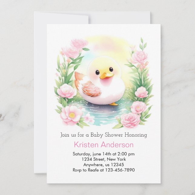 Invitation Baby shower Whimsical Duckling Watercolor Girl (Devant)