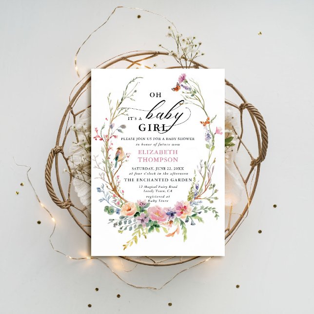Invitation Baby shower Whimsical Fleurs sauvages de jardin en (enchanted garden baby shower invitation woodland forest bird butterfly spring summer whimsical chic)