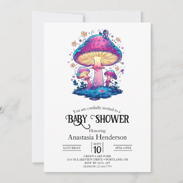 Invitation Baby shower Whimsical Magic Mushroom (Devant)