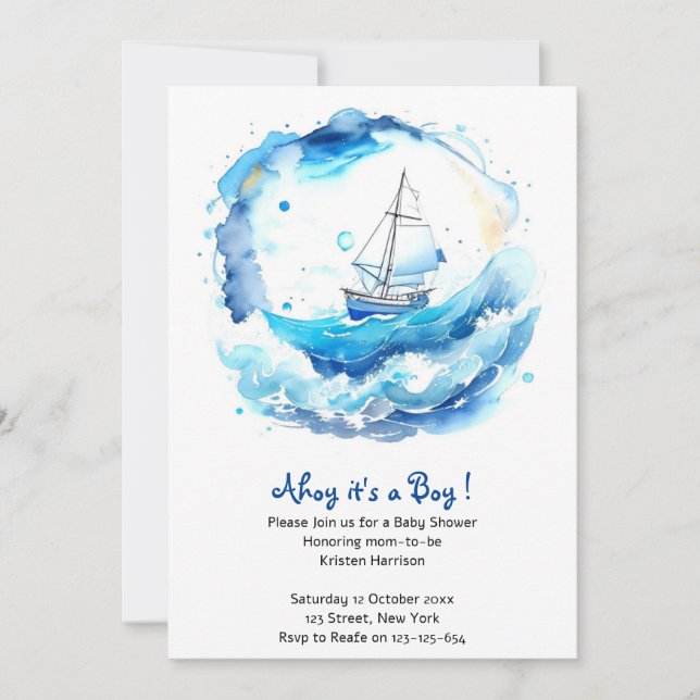 Invitation Baby shower Whimsical Nautical Watercolor (Devant)