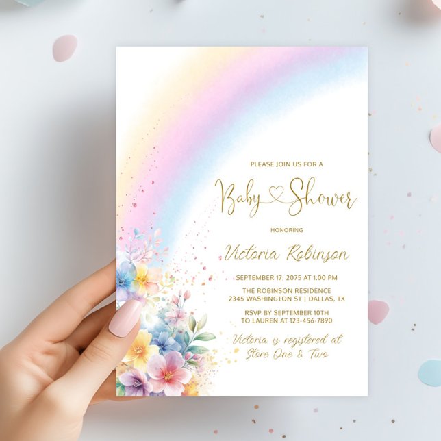 Invitation Baby shower Whimsical Pastel Rainbow (Watercolor rainbow and flowers rainbow baby shower invitation. Simply add your event details.)