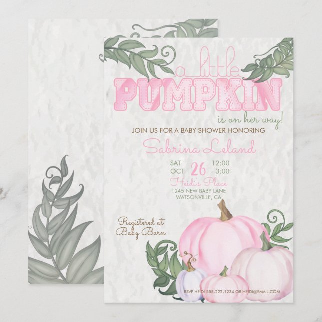 Invitation Baby shower Whimsical Petit Citrouille Rose fille (Devant / Derrière)