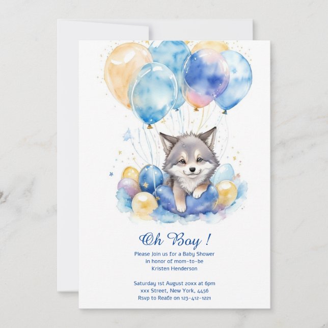 Invitation Baby shower Whimsical Wolf Cubs Aquarelle (Devant)