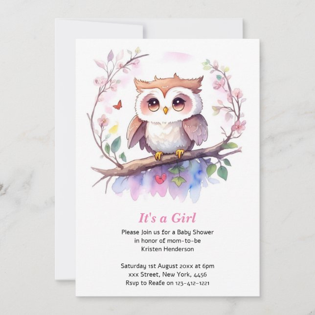 Invitation Baby shower Whimsical Woodland Owl Girl (Devant)