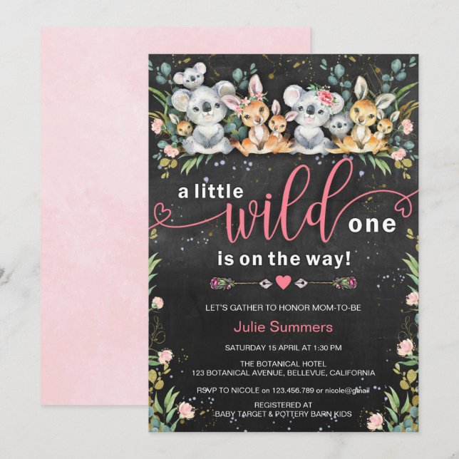 Invitation Baby shower Wild One rose Koala Kangaroo (Devant / Derrière)