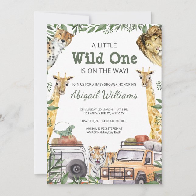Invitation Baby shower Wild One Safari Animaux (Devant)