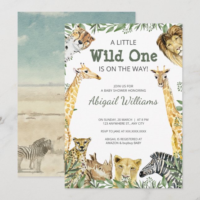 Invitation Baby shower Wild One Safari Animaux (Devant / Derrière)