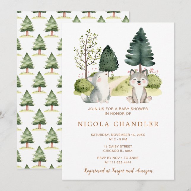 Invitation Baby shower Wolf Woodland (Devant / Derrière)