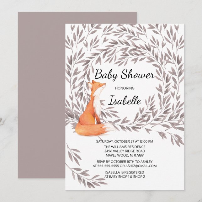 Invitation Baby shower Woodland Fox (Devant / Derrière)