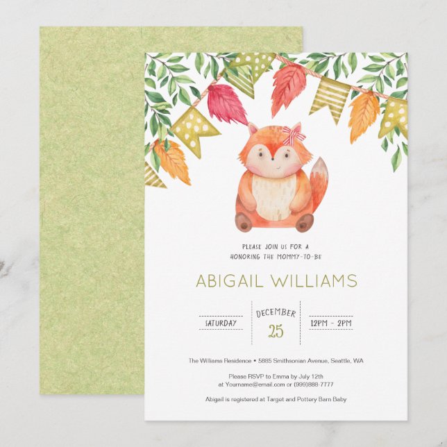 Invitation Baby shower Woodland mignon bébé fille Fox (Devant / Derrière)