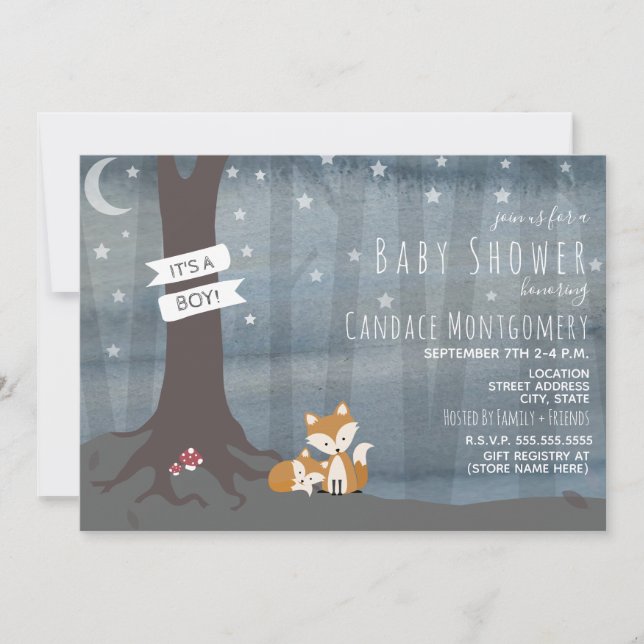 Invitation Baby shower Woodland Night Fox (Devant)