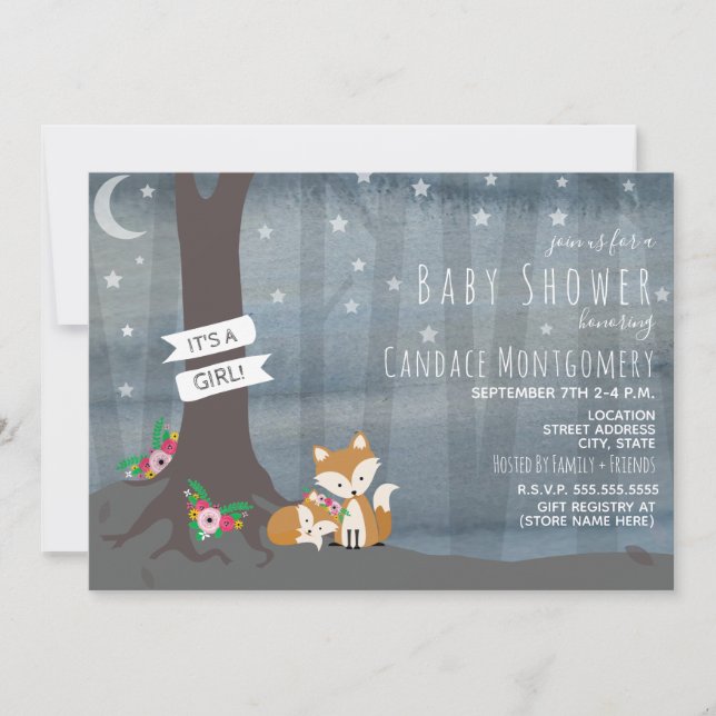 Invitation Baby shower Woodland Night Fox - Fille (Devant)