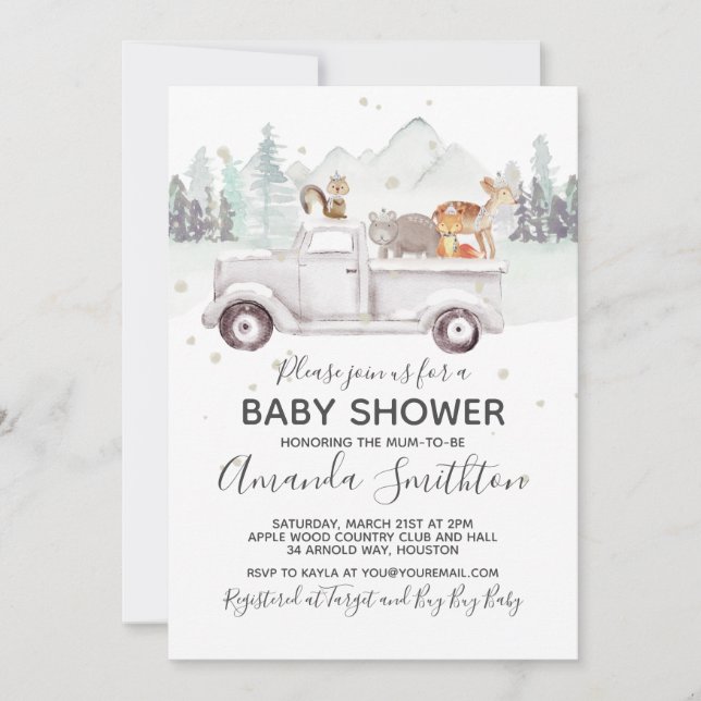 Invitation Baby shower Woodland Winter Fox (Devant)