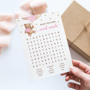 Invitation Baby shower Word Recherche Jeu Teddy Bear Pink Car