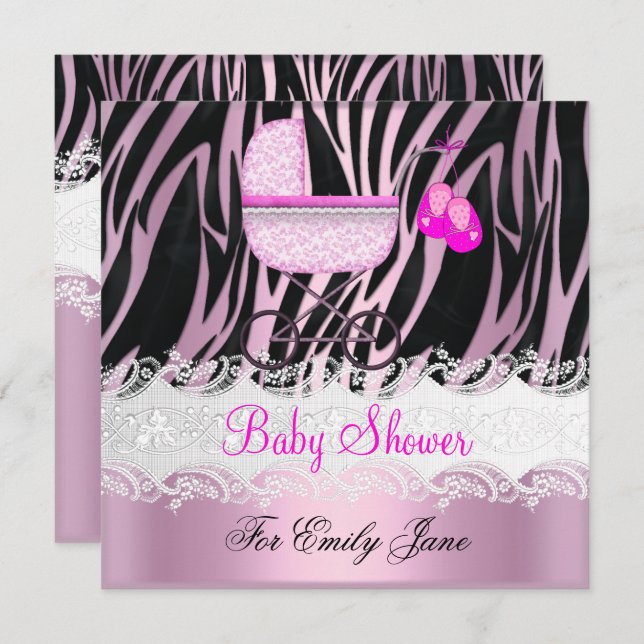 Invitation Baby shower Zebra rose blanc bébé fille (Devant / Derrière)