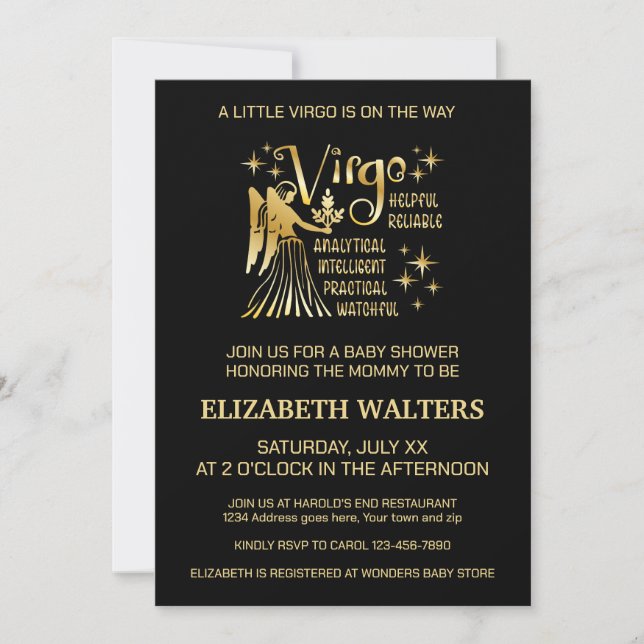 Invitation Baby shower Zodiac de la Vierge Noire et Or (Devant)