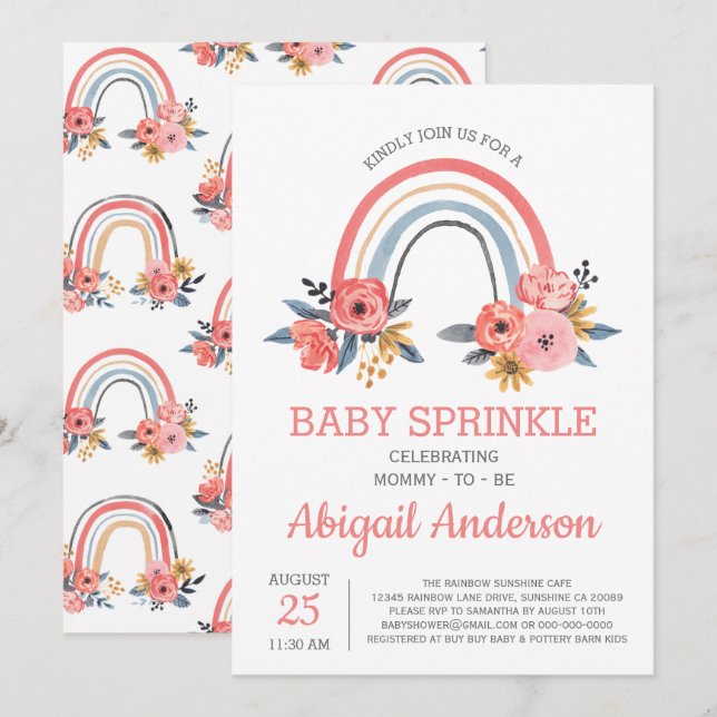 Invitation Baby Sprinkle Floral Blush rose arc-en-ciel élégan (Devant / Derrière)