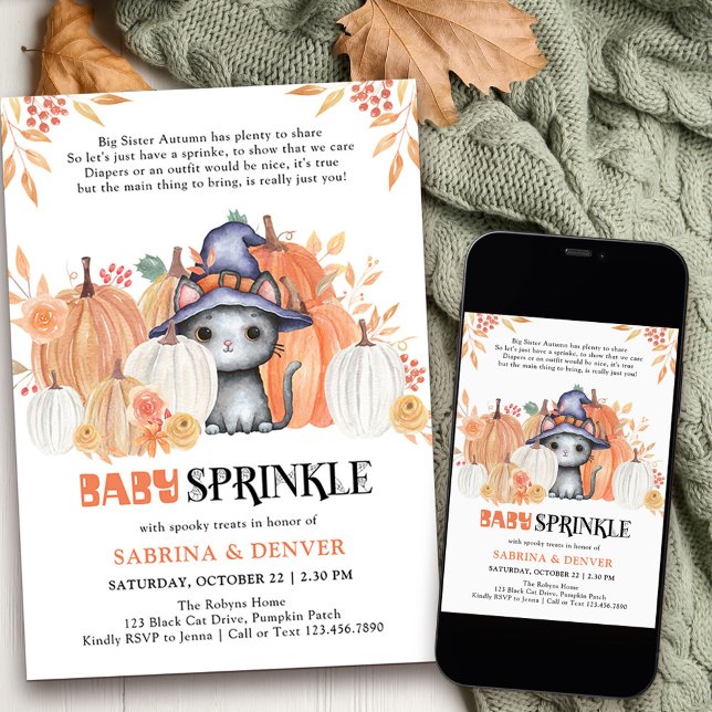 Invitation Baby Sprinkle Poem Chat dans le Baby shower Casque ( Cute baby sprinkle baby shower invtation with adorable black cat in a pumpkin patch)