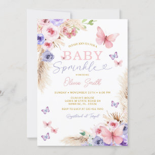 Invitation Baby Sprinkle Rose Violet Papillons