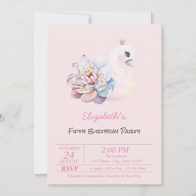 Invitation Baby Swan Flower rose Anniversaire (Devant)